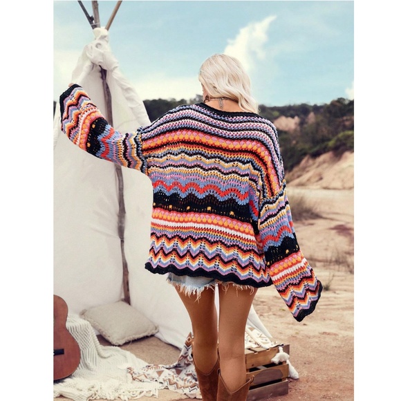 Bohemian Bell Sleeve Light Sweater Loose Fit Multicolor Knit Eyelet Stretchy - Picture 7 of 8